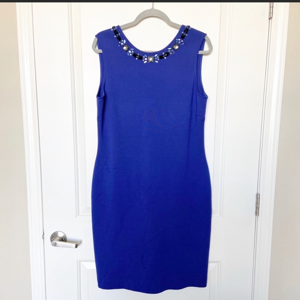 St John Cobalt Blue Midi Jewel Neckline Dress